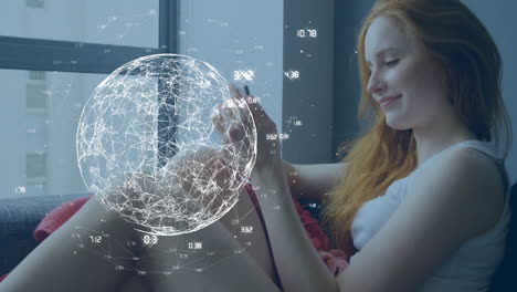 Animation-of-globe-with-connections-over-caucasian-woman-using-smartphone