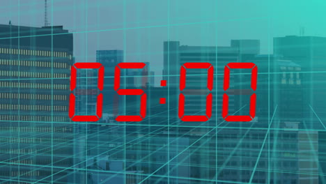 Animation-of-squares-and-countdown-over-cityscape