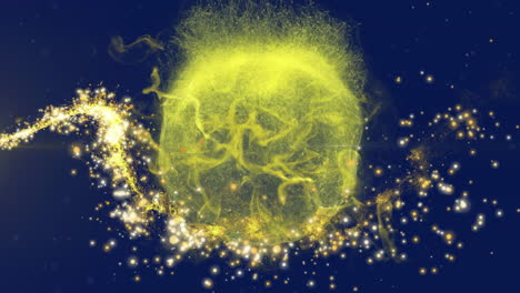 Animation-of-shooting-star-over-yellow-glowing-globe-on-dark-background