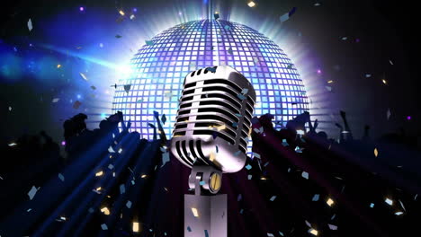 Animation-of-confetti,-retro-microphone-and-disco-mirror-ball-spinning-on-black-background