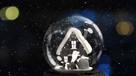 Animation-of-snow-falling-over-christmas-snow-globe-with-house-and-santa-claus