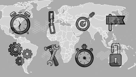 Animation-of-business-icons-over-world-map-on-grey-background
