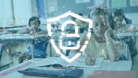 Animation-of-shapes-and-padlock-over-diverse-schoolchildren-learning-in-classroom
