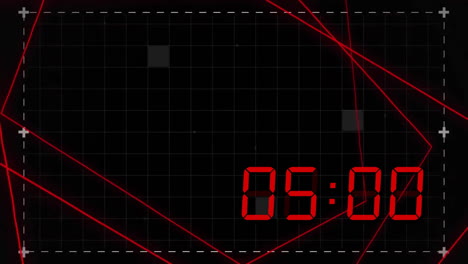 Animation-of-red-digital-timer-changing-with-lines-on-black-background