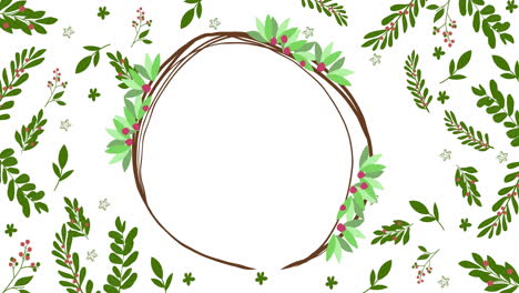 Animation-of-circle-frame-with-copy-space-and-christmas-decorations-on-white-background