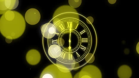 Animation-of-clock-showing-midnight-and-spots-of-light-on-black-background