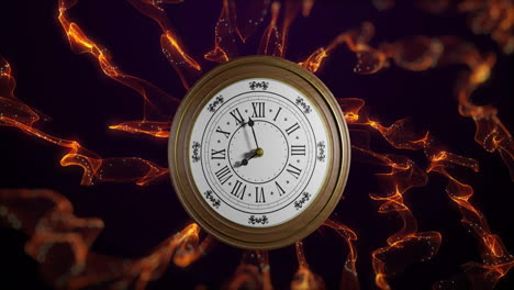 Animation-of-clock-ticking-over-light-trails-on-black-background