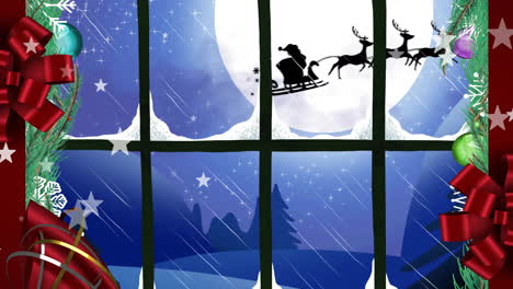 Animation-Von-Weihnachtsdekorationen-Und-Weihnachtsmann-Im-Schlitten-Im-Fenster