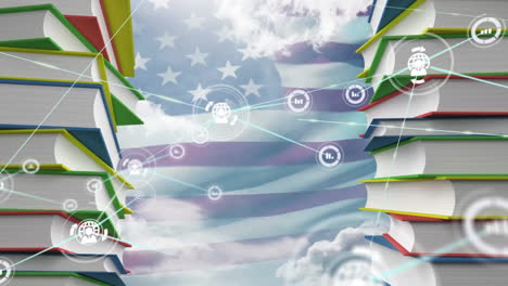 Animation-of-network-of-communication-and-data-icons-over-stacks-of-books,-flag-of-america-and-sky