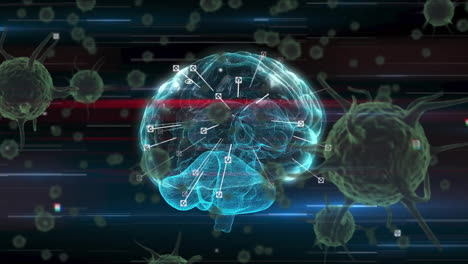 Animation-Von-Viruszellen-über-Dem-Digitalen-Gehirn-Auf-Schwarzem-Hintergrund