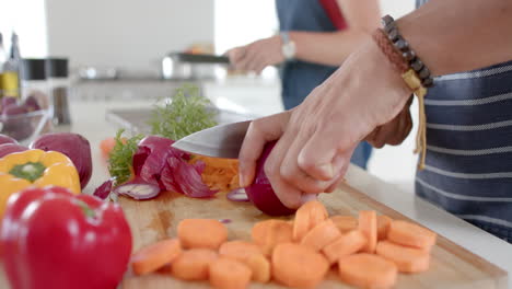 Diverse-couple-preparing-fresh-vegetables-and-cutting-in-kitchen,-slow-motion