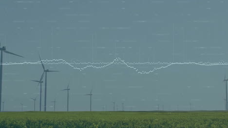 Animation-Von-Diagrammen-Und-Wechselnden-Zahlen-über-Sich-Drehenden-Windmühlen-Auf-Grasland-Vor-Klarem-Himmel