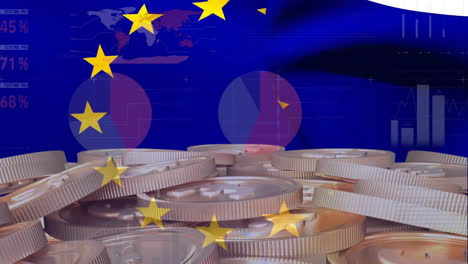 Animation-of-financial-data-processing-and-flag-of-european-union-over-coins