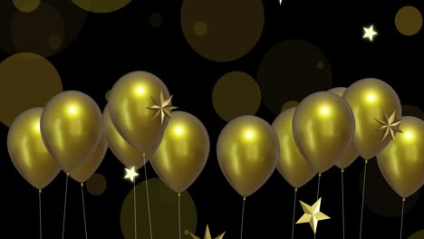 Animation-Von-Goldenen-Luftballons-Mit-Sternen-Auf-Schwarzem-Hintergrund