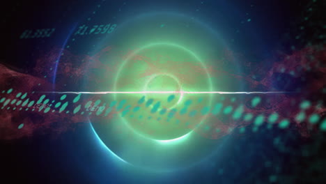 Animation-of-data-processing-over-dna-strand-and-light-trails-and-circles-on-black-background