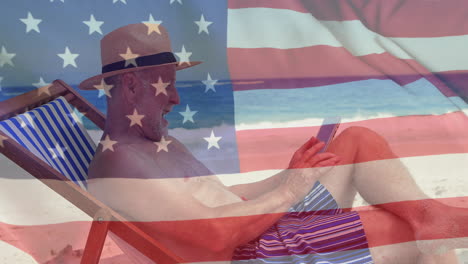 Animation-of-flag-of-usa-over-caucasian-senior-man-on-beach-in-summer
