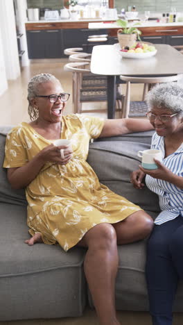 Vertikales-Video-Von-Glücklichen-älteren-Afroamerikanischen-Freundinnen-Auf-Der-Couch-Beim-Kaffeetrinken,-Zeitlupe