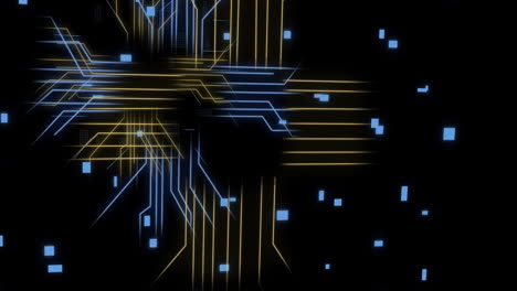 Animation-of-circuit-board-with-data-processing-over-black-background