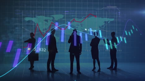Animation-Der-Verarbeitung-Finanzieller-Daten-über-Geschäftsleuten-Und-Einer-Weltkarte-Auf-Dunklem-Hintergrund