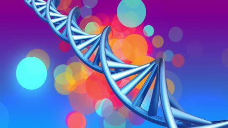 Animation-of-dna-strand-spinning-over-glowing-spots-lights-on-blue-background