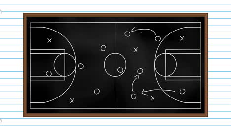 Animation-of-white-arrows,-x-and-circle-symbols-on-sports-court-over-lines-against-white-background