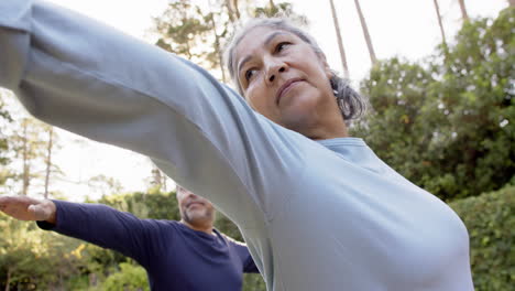 Focused-diverse-senior-couple-practicing-yoga-in-garden