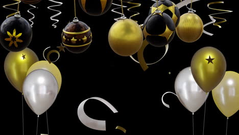 Animation-of-gold-and-silver-balloons-with-baubles-on-black-background