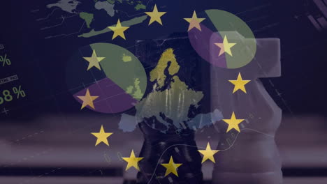 Animation-Der-Verarbeitung-Finanzieller-Daten-Und-Der-Flagge-Der-Europäischen-Union-über-Einem-Schachbrett