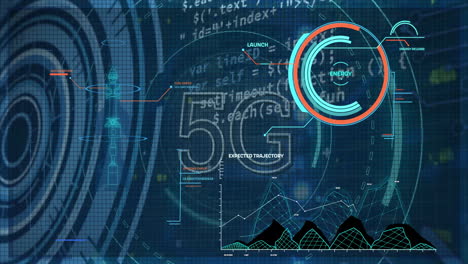 Animation-Des-Scope-Scannings-Mit-5G-Und-Datenverarbeitung-Auf-Blauem-Hintergrund