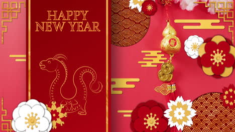 Animation-Von-Frohes-Neues-Jahr-Text-Und-Drachenzeichen-Mit-Chinesischem-Muster-Auf-Rotem-Hintergrund