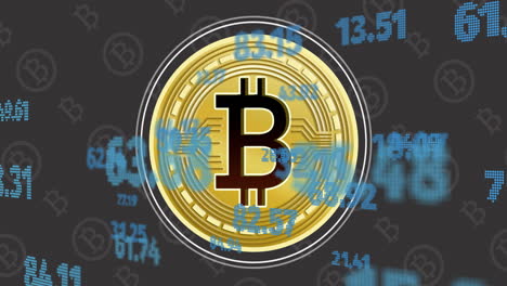 Animation-Der-Verarbeitung-Finanzieller-Daten-über-Bitcoin-Symbolen-Auf-Grauem-Hintergrund