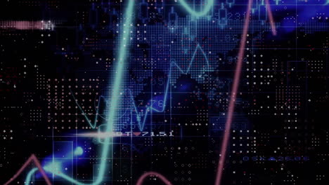 Animation-Der-Finanzdatenverarbeitung-über-Einer-Weltkarte-Auf-Dunklem-Hintergrund