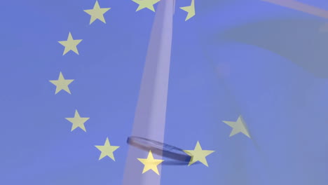 Animation-of-flag-of-eu-and-coin-over-caucasian-worker-and-wind-turbine