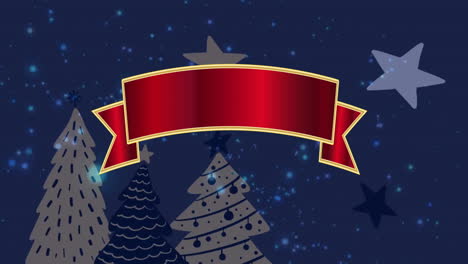 Animation-of-red-banner-with-copy-space-over-christmas-decorations-on-blue-background