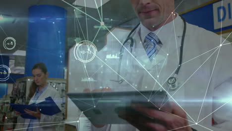 Animation-of-network-of-connections-with-data-processing-over-caucasian-male-doctor-in-hospital