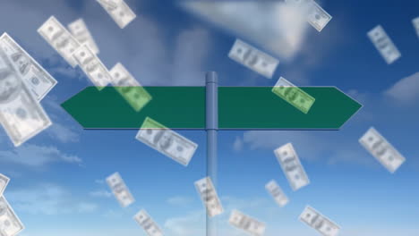 Animation-of-dollar-bills-over-road-sign-with-copy-space-and-sky-with-clouds