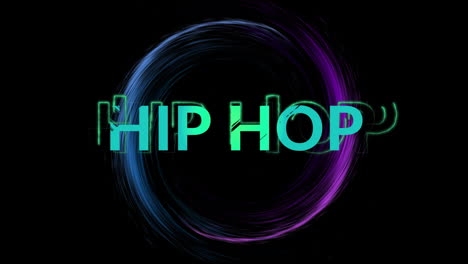 Animation-of-blue-hip-hop-text-and-circle-of-light-trail-on-black-background