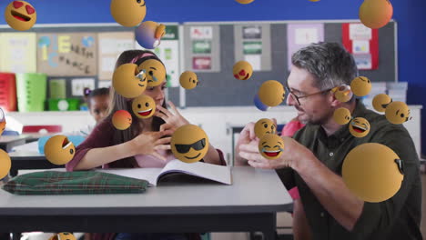 Animation-of-emoji-icons-over-diverse-schoolgirl-and-teacher-counting