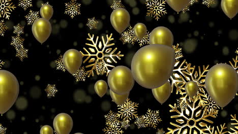Animation-of-gold-balloons-with-snowflakes-on-black-background