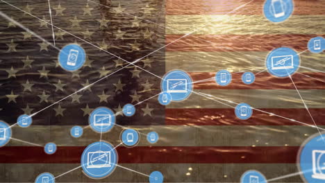 Animation-of-network-of-media-icons-over-flag-of-america-and-sunset-sea