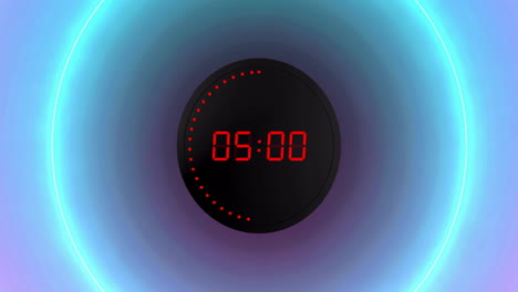 Animation-of-red-digital-timer-changing-with-dots-and-circles-on-purple-background