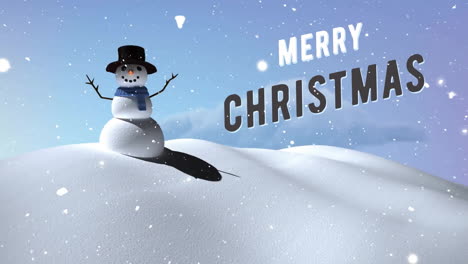 Animation-of-merry-christmas-text-and-snow-falling-over-snowman-in-winter-scenery