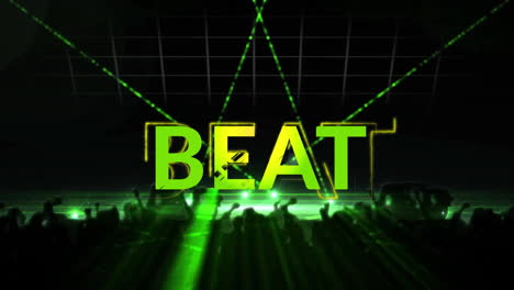 Animation-of-beat-text-over-silhouettes-of-dancing-people-and-flashing-lights-on-black-background