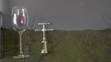 Composite-of-glass,-bottle-of-red-wine-and-corkscrew-over-vineyard-background