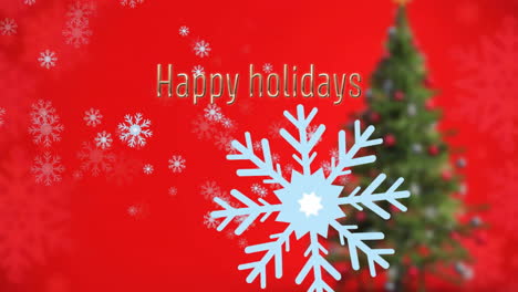Animation-Von-Frohe-Feiertage-Text-Und-Schnee-Fällt-über-Weihnachtsbaum-Auf-Rotem-Hintergrund