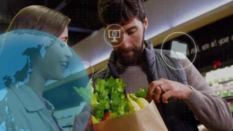 Animation-of-data-processing-with-icons-over-caucasian-couple-grocery-shopping