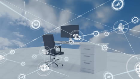 Animation-of-network-of-connections-with-icons-over-office-desk-and-clouds