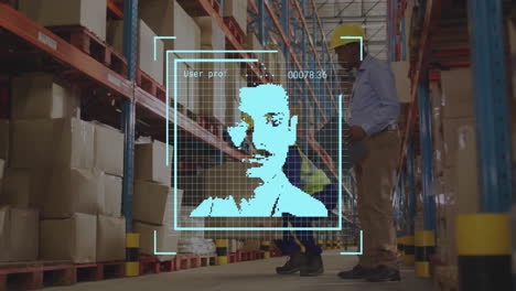 Animation-of-data-processing-with-portraits-over-diverse-male-workers-in-warehouse