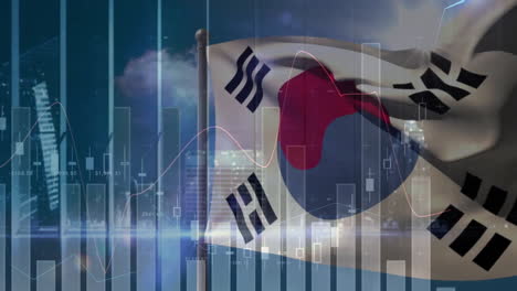Animation-Der-Finanzdatenverarbeitung-über-Der-Flagge-Südkoreas