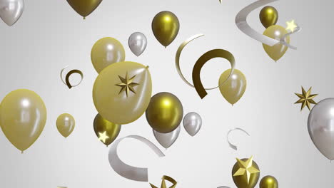 Animation-of-gold-and-silver-balloons-with-stars-on-white-background
